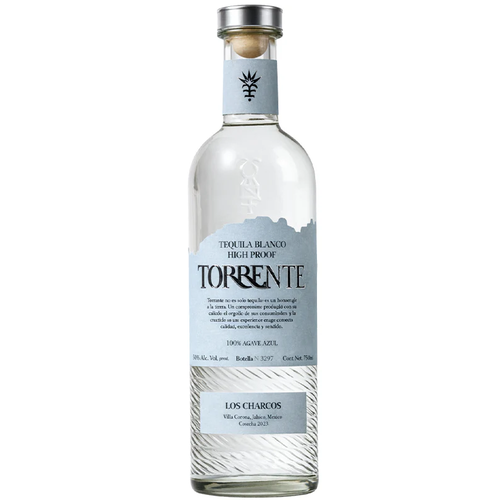 A bottle of Torrente Tequila Blanco High Proof tequila on a plain white background. The clear glass bottle features a silver metal cap, a light blue-gray label with black text, and a textured lower section.