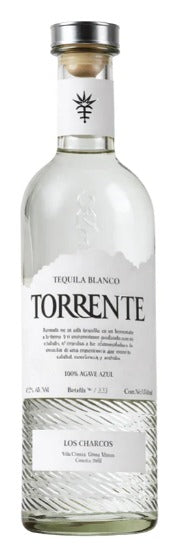 A bottle of Torrente Tequila Blanco with a silver cap and white label, shown against a plain white background.