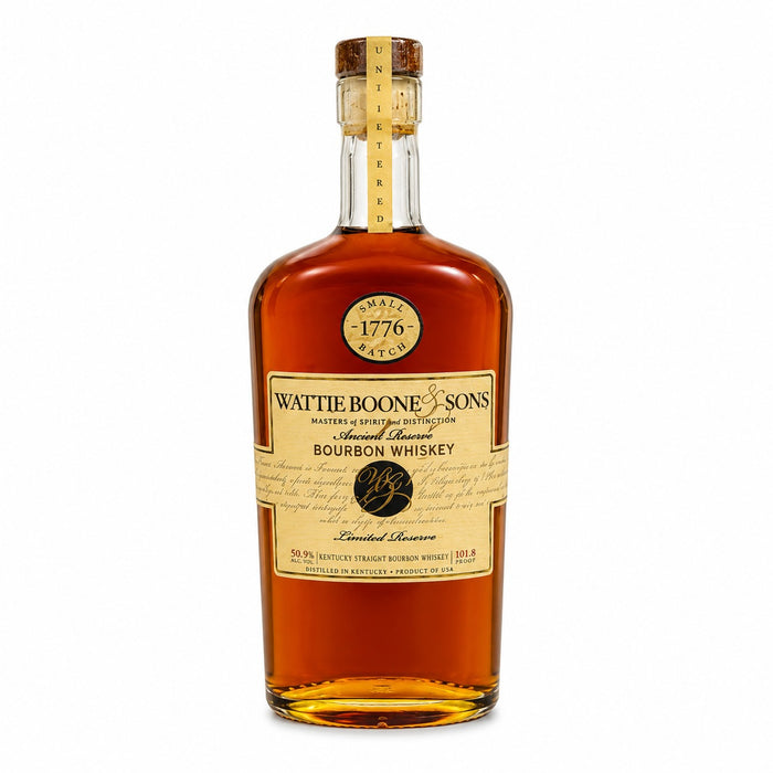 A bottle of Wattie Boone Sons 1776 Bourbon Whiskey on a plain white background. The bottle is filled with amber-brown whiskey and features a cream-colored label with black text and a gold seal.
