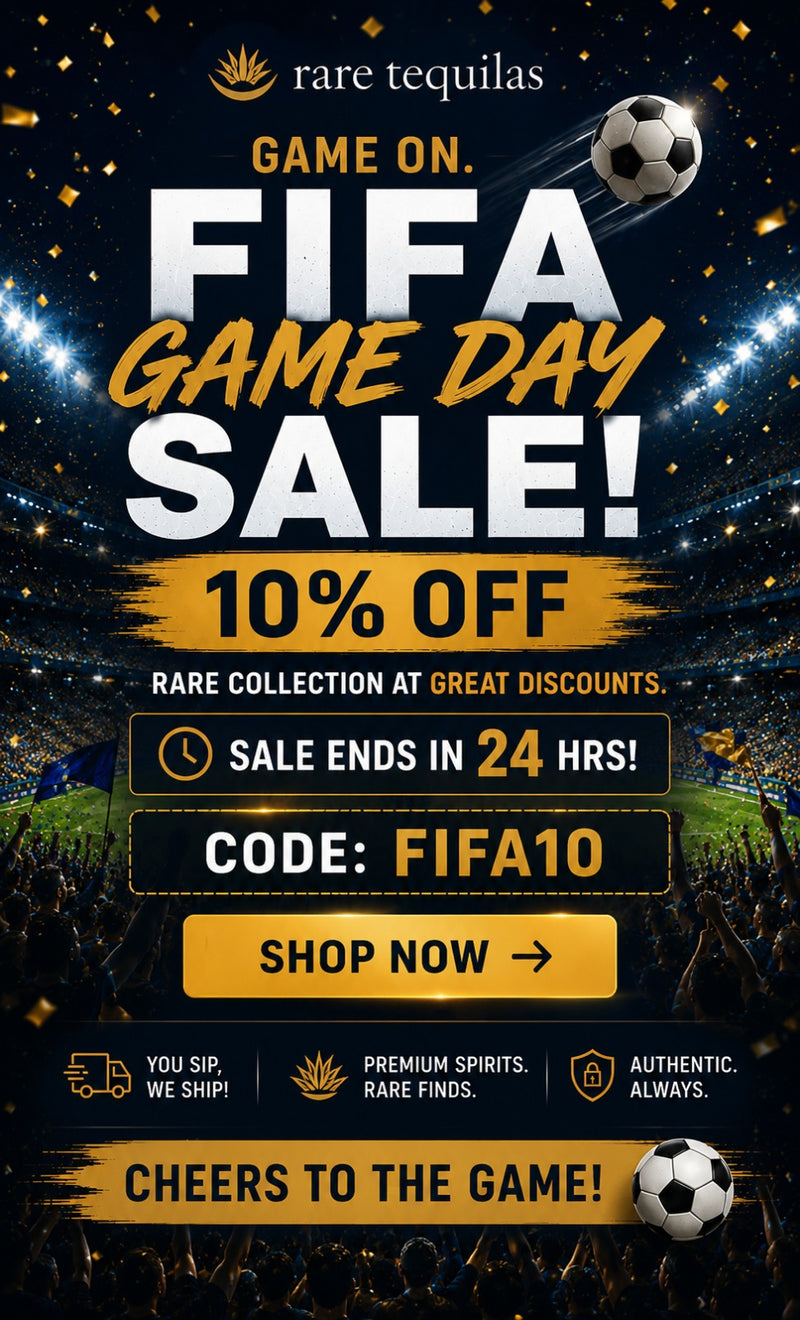 Promotional sale graphic for Rare Tequilas featuring FIFA Game Day branding, stadium scene background, soccer ball, and text offering 10% off with code FIFA10.
