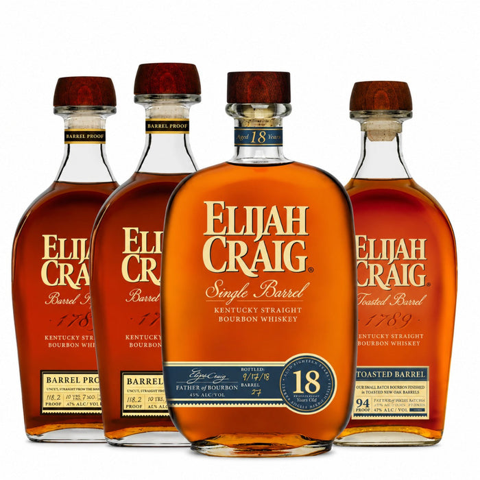 Four Elijah Craig Single Barrel bourbon whiskey bottles arranged in a row against a white background, showing different barrel finishes from Barrel Proof to Toasted Barrel.