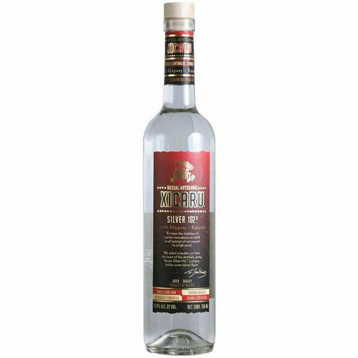 Xicaru Silver Mezcal 750ml bottle - clear glass bottle with cream cap and red, black, and gold label, on a white background