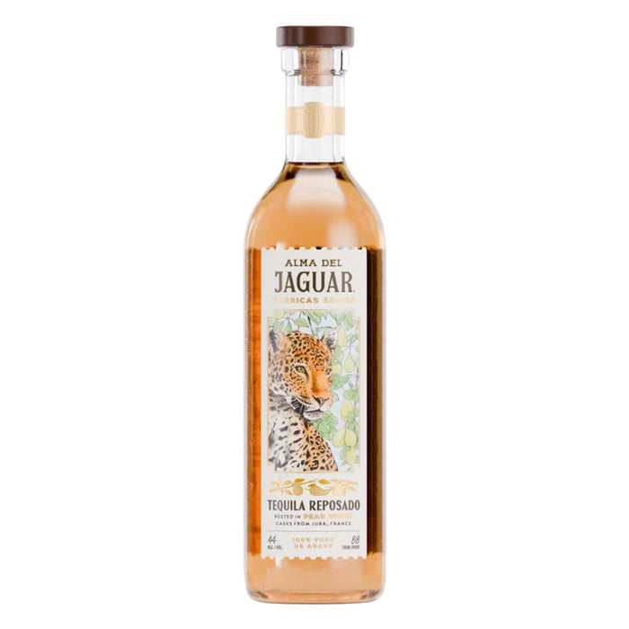 Alma Del Jaguar Reposado Barricas Series Pear Wood Cask bottle on a white background.