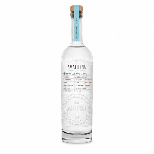 Bottle of Amatitena Blanco Tequila, artisanal, Amatitan Jalisco Mexico onthe white background