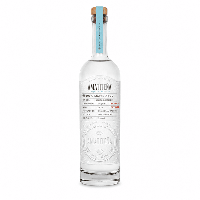 Bottle of Amatitena Blanco Tequila, artisanal, Amatitan Jalisco Mexico onthe white background