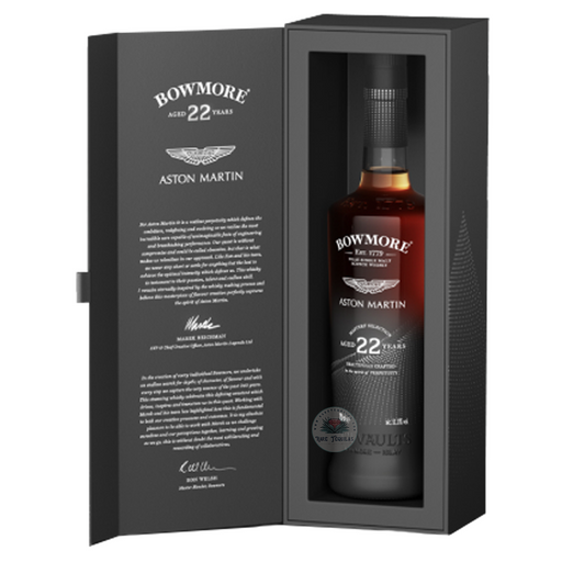 Bowmore Aston Martin Masters' Selection 22-Year Scotch Whisky (3rd Edition) In box with open lid.