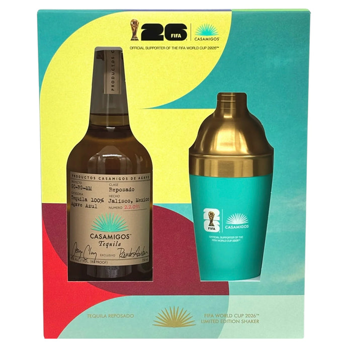 Casamigos tequila bottle and shaker in a colorful box with FIFA World Cup 2026 branding.