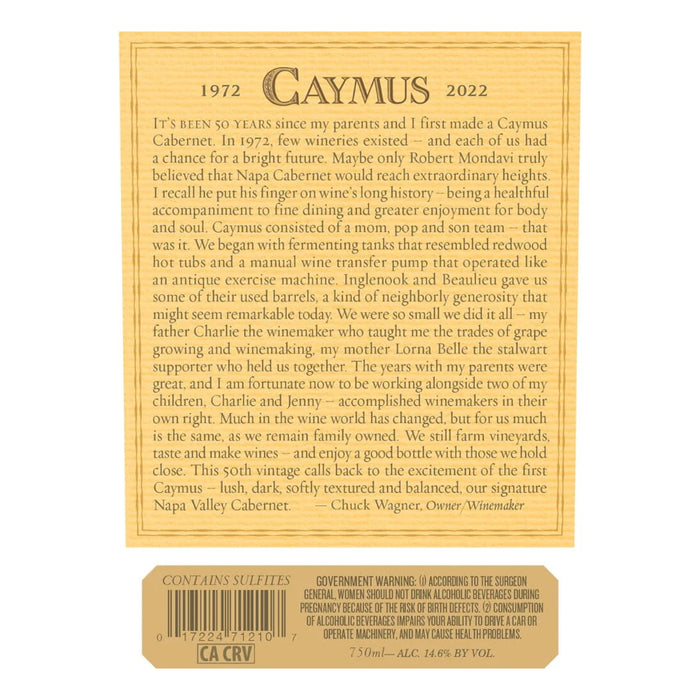 Caymus 50th Anniversary Napa Valley Cabernet Sauvignon 2022 Back Label