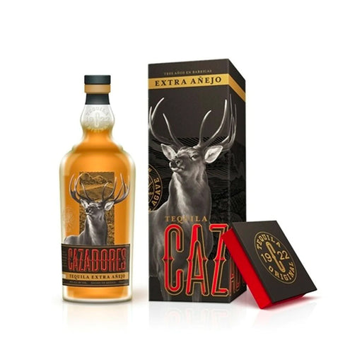 Cazadores Extra Añejo Tequila bottle and gift box.
