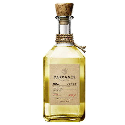 Cazcanes No. 7 Joven Tequila bottle with cork stopper on a white background