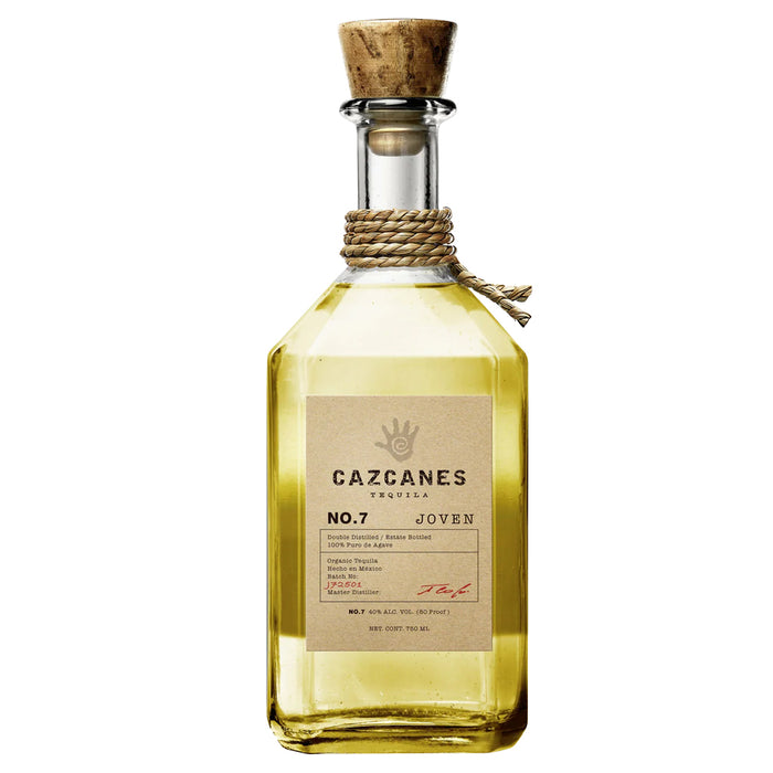 Cazcanes No. 7 Joven Tequila bottle with cork stopper on a white background