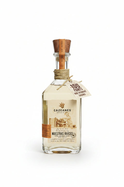Bottle of Gazcanes tequila with a tag on a white background