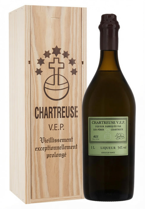 Bottle of Chartreuse V.E.P. Green Liqueur 1L in handcrafted wooden gift box, hand-numbered and wax-sealed, made by Carthusian Monks in Isère, France
