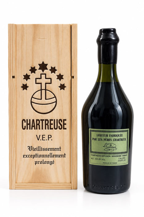 Bottle of Chartreuse V.E.P. Green Liqueur 1L in handcrafted wooden gift box, hand-numbered and wax-sealed, made by Carthusian Monks in Isère, France