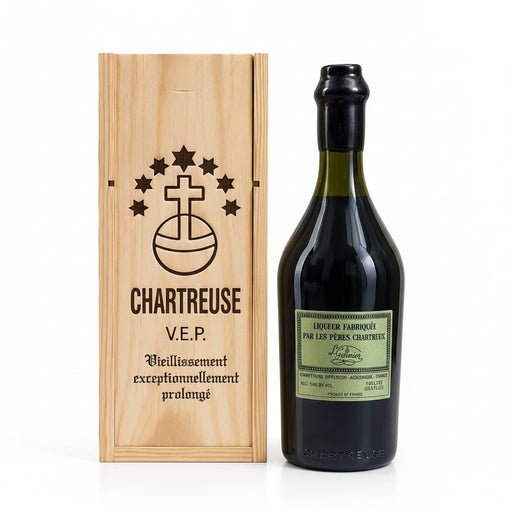 Bottle of Chartreuse V.E.P. Green Liqueur 1L in handcrafted wooden gift box, hand-numbered and wax-sealed, made by Carthusian Monks in Isère, France