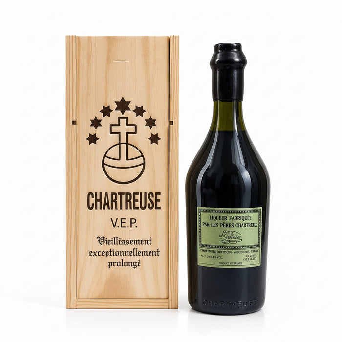 Bottle of Chartreuse V.E.P. Green Liqueur 1L in handcrafted wooden gift box, hand-numbered and wax-sealed, made by Carthusian Monks in Isère, France