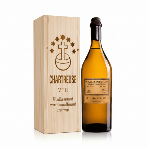 Bottle of Chartreuse V.E.P. Yellow Liqueur 1L in handcrafted wooden gift box, made by Carthusian Monks