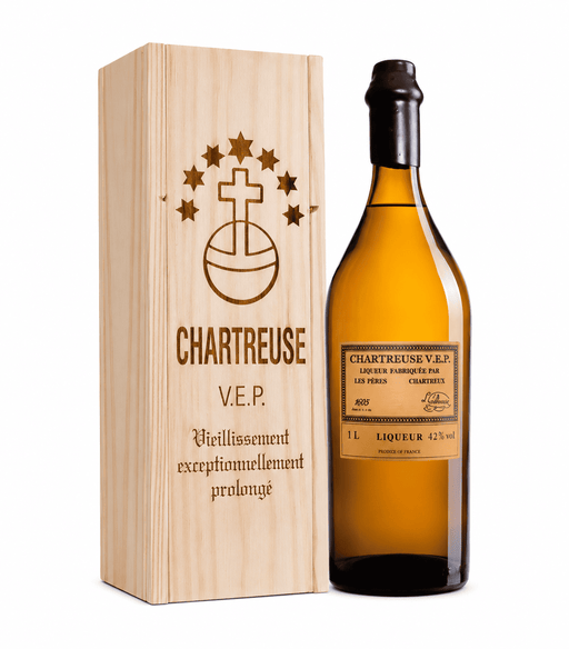 Bottle of Chartreuse V.E.P. Yellow Liqueur 1L in handcrafted wooden gift box, made by Carthusian Monks