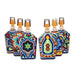 Set of colorful decorative bottles with geometric patterns on a white background
