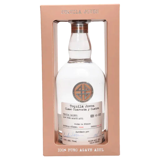 Clase Cuarenta Y Cuatro Joven Tequila bottle displayed in a pink box on a white background.