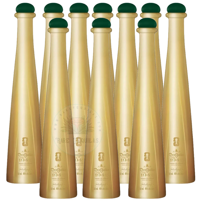Set of 10Gold bottles with green caps on a white background