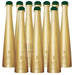 Set of 10Gold bottles with green caps on a white background