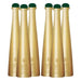 Set of six gold bottles with green caps on a white background