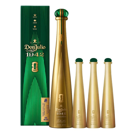 Don Julio 1942 FIFA 2026 edition tequila bottle and a 3 pack of 50ml fifa edition bottles, with packaging on a white background