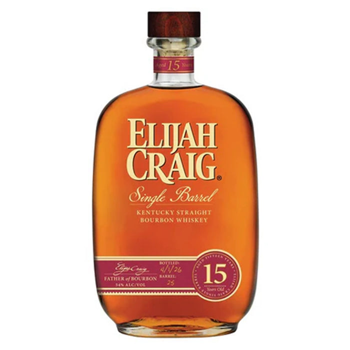 Bottle of Elijah Craig 15-year-old bourbon whiskey on a white background