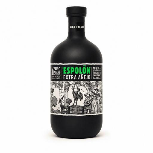 Bottle of Espolon Extra Anejo Tequila in matte-black bottle with neon green lettering, double-cask Chardonnay finish