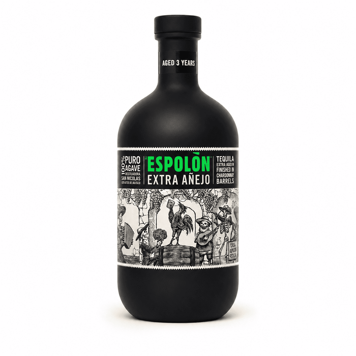 Bottle of Espolon Extra Anejo Tequila in matte-black bottle with neon green lettering, double-cask Chardonnay finish