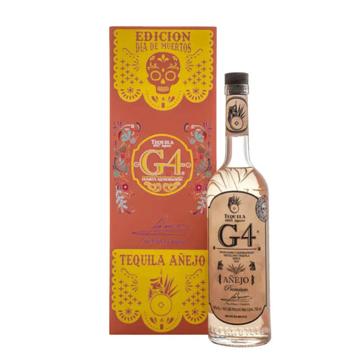 G4 Orange Edition Añejo Tequila bottle with decorative box featuring G4 branding on a white background