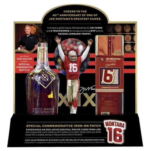 49ers Gold Bar Whiskey Joe Montana Super Bowl XIX 40th Anniversary Set back