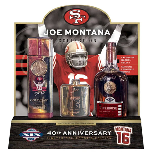 49ers Gold Bar Whiskey Joe Montana Super Bowl XIX 40th Anniversary Set front