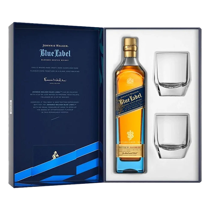 Johnnie Walker Blue Label whisky bottle with two glasses in a gift set
