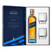 Johnnie Walker Blue Label whisky bottle with two glasses in a gift set
