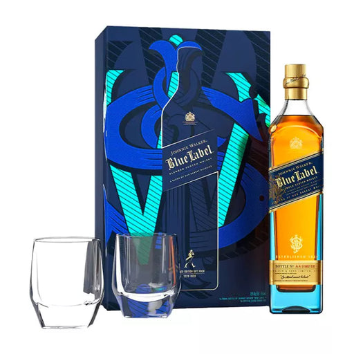 Johnnie Walker Blue Label whisky set with bottle, packaging, and glasses on a white background