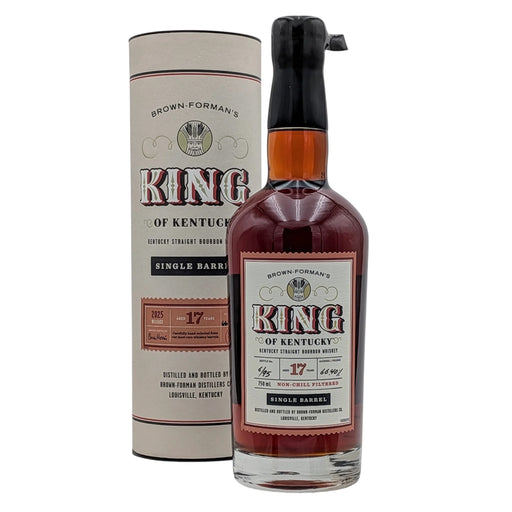 Bottle and packaging of King of Kentucky 17 Year Single Barrel Bourbon (2025 Limited Release) on a white background