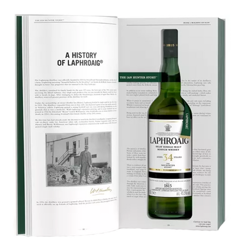 Laphroaig 34 Year 'The Ian Hunter Story: Book 5' Scotch Whisky Open Gift Book case with bottle inside.