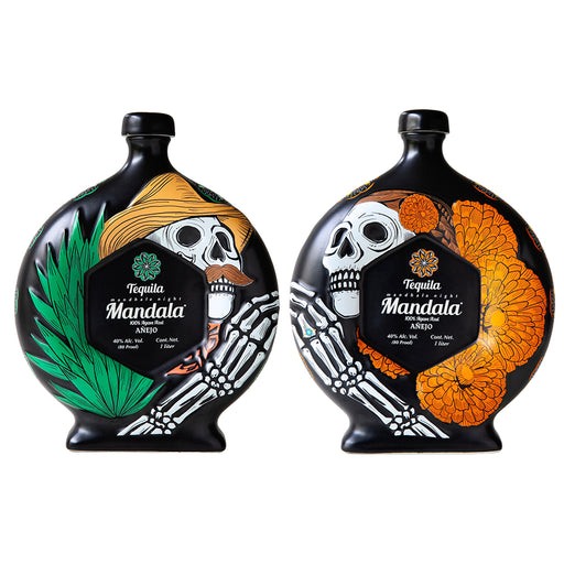 Two bottles of Tequila Mandala with colorful designs on a white background