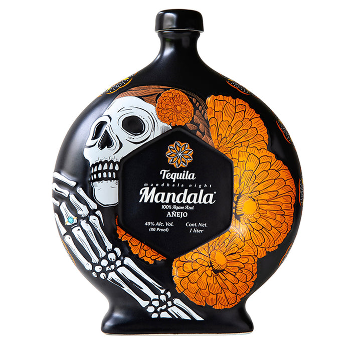 Tequila Mandala bottle with skeleton and floral design on a white background