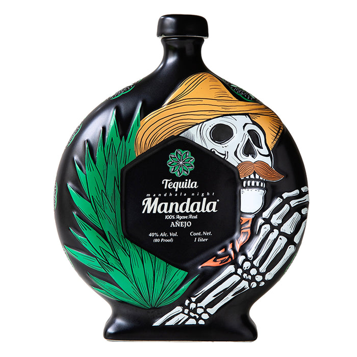 Tequila bottle with artistic design featuring a skeleton and green leaves on a white background