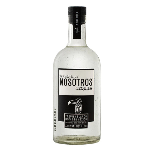 Nosotros Blanco Tequila bottle with awards on a white background