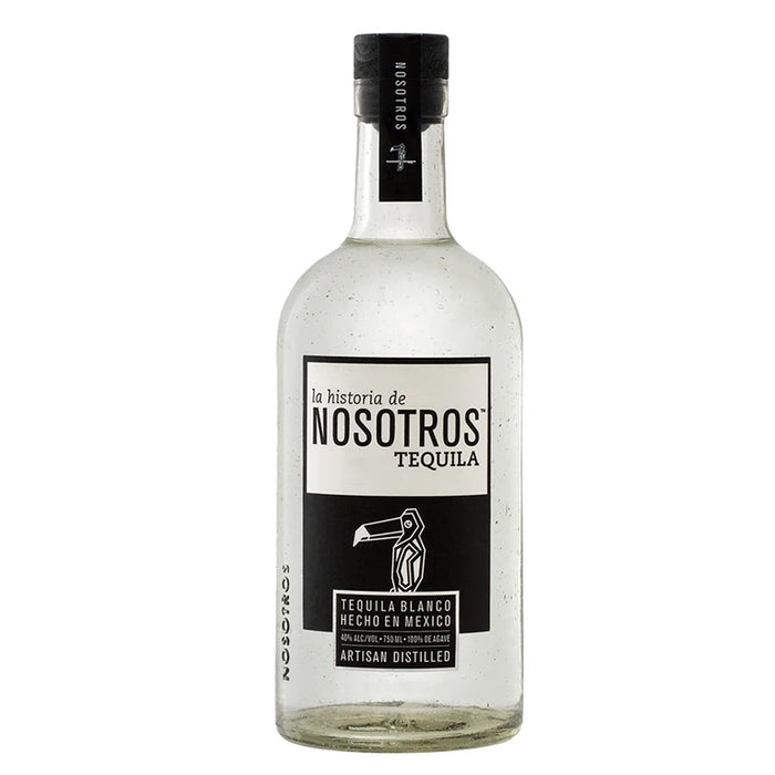 Nosotros Blanco Tequila bottle with awards on a white background