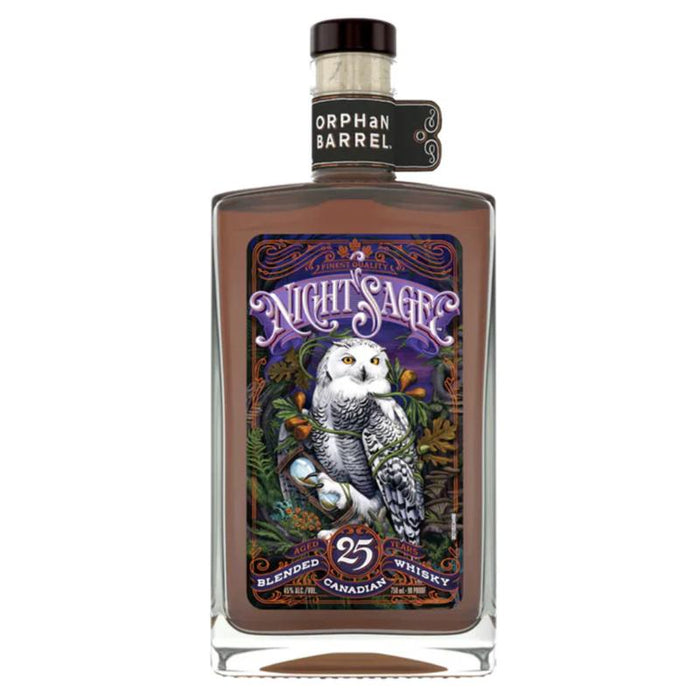 Bottle of Orphan Barrel Night Sage 25 Year Old Blended Canadian Whisky with snow owl artwork