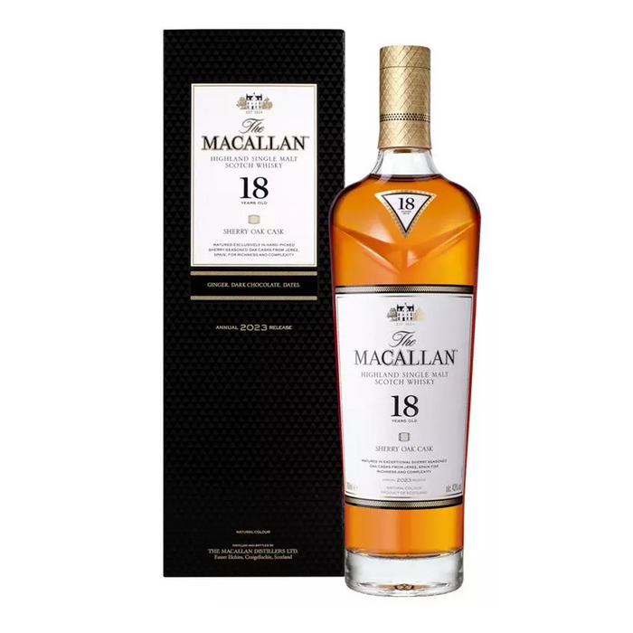 The Macallan 18 Year Sherry Oak Cask Scotch Whisky (2023 Release) Gift box and bottle