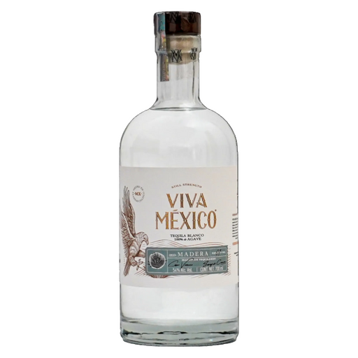 Bottle of Viva Mexico Blanco Madera Tequila, wood-fermented, 100% Blue Weber agave, Highlands of Jalisco