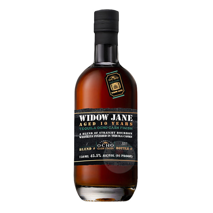 Bottle of Widow Jane with a Tequila Ocho Cask Finish 10 Year Bourbon Whiskey on a white background