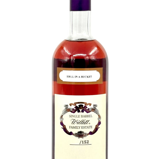 Willett 13 Year Single Barrel Bourbon "HELL IN A BUCKET" Barrel No. 33 back of bottle on a white background