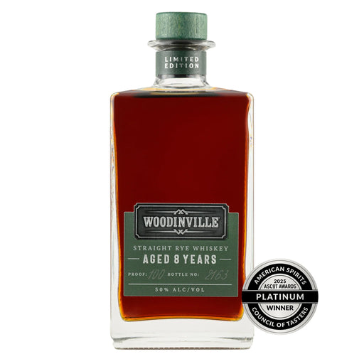 Woodinville 8 Year Old Limited Edition Straight Rye Whiskey Front View with American Spirits Award badge on bottom right.